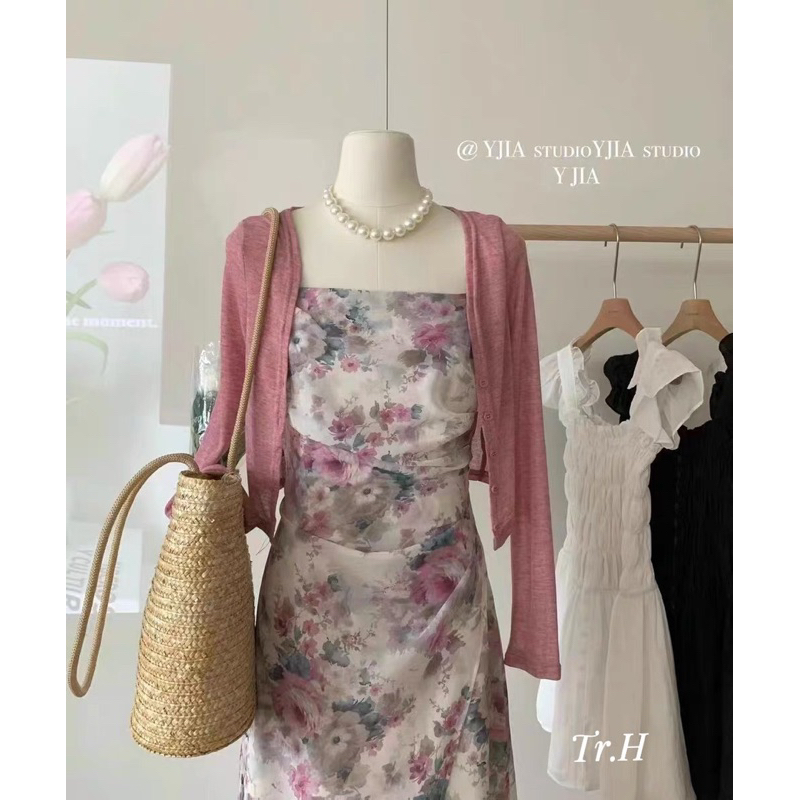 Set Áo Khoác Cardigan Phối Váy Hai Dây Hoa Nhí Hàng QC