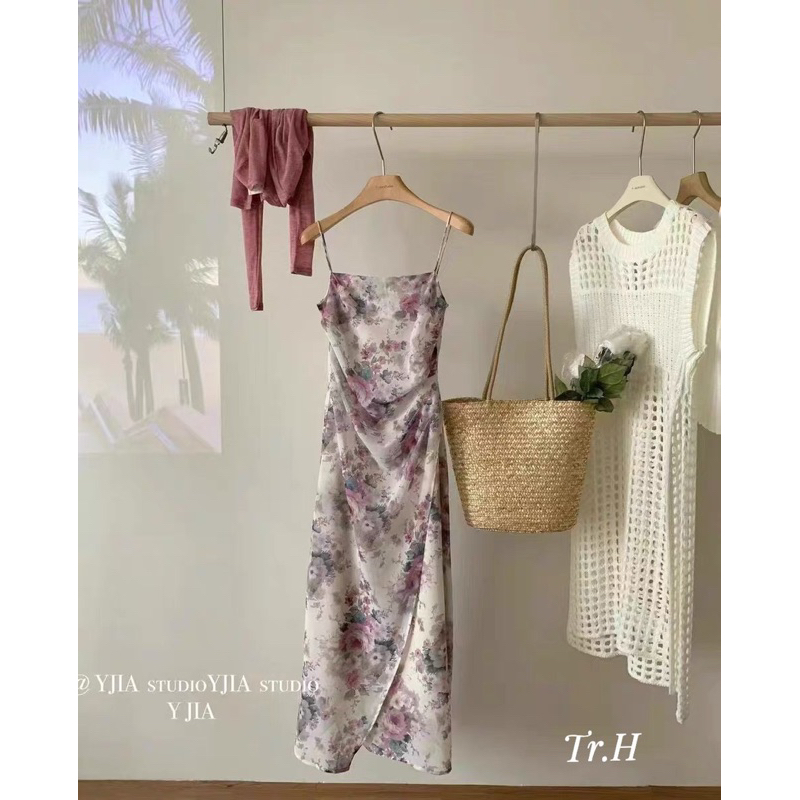 Set Áo Khoác Cardigan Phối Váy Hai Dây Hoa Nhí Hàng QC