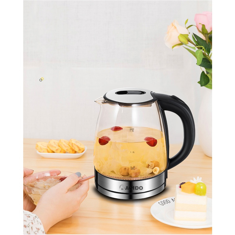 Ấm đun siêu tốc thủy tinh dung tích 1,8 Lit -Bình đun thủy tinh thương hiệu KAW - Công suất 1800W