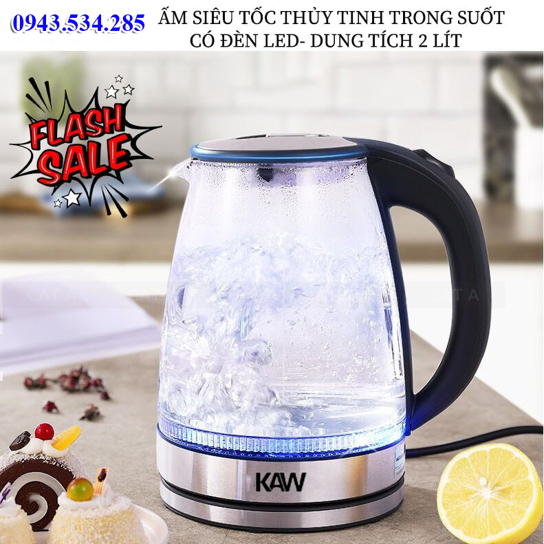 Ấm đun siêu tốc thủy tinh dung tích 1,8 Lit -Bình đun thủy tinh thương hiệu KAW - Công suất 1800W