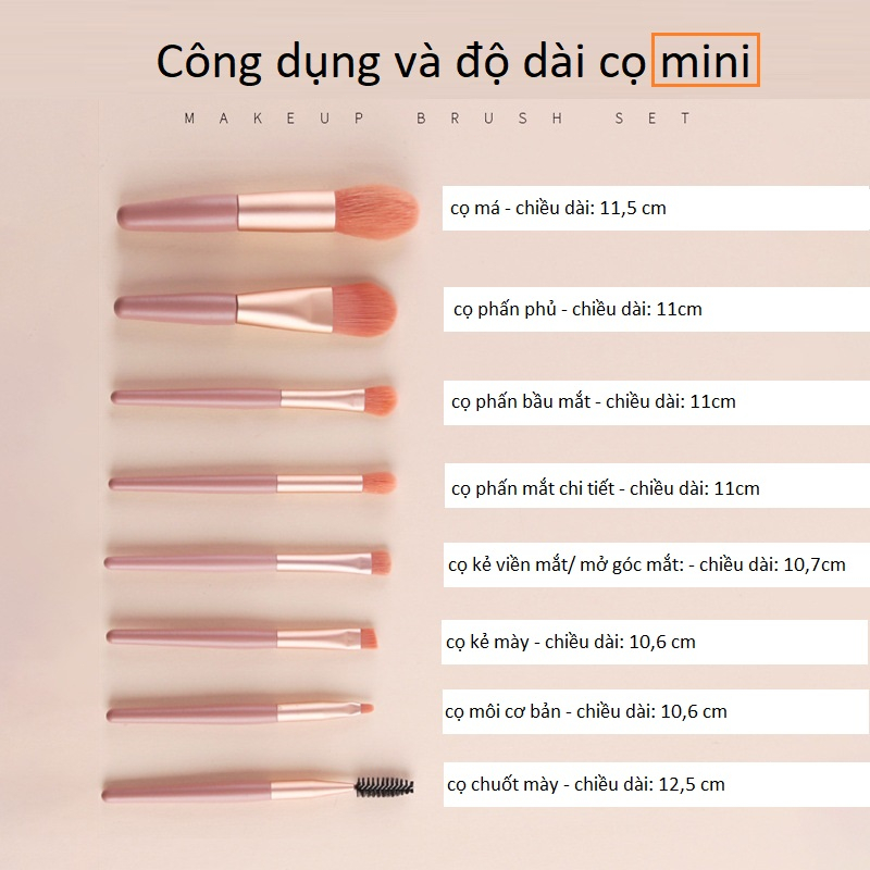 Set 8 Cọ Trang Điểm Siêu Mini Màu Macaron Dễ Mang Theo Dễ Thương