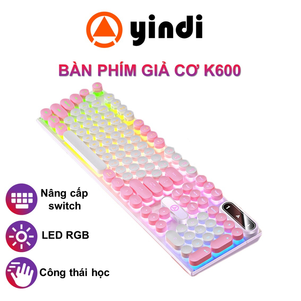 Bàn phím máy tính giả cơ YINDIAO K600 có dây nút tròn 104 keys gaming văn phòng LED RGB full size