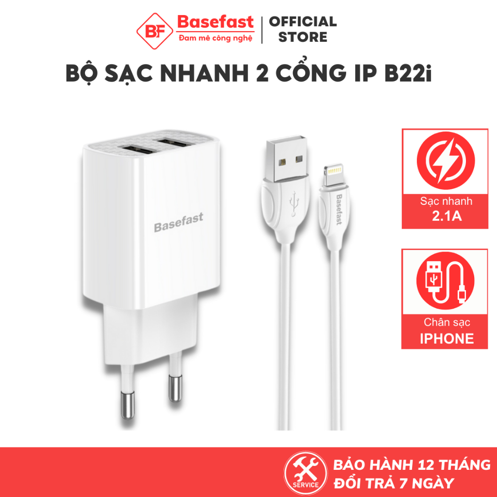 Bộ Sạc Nhanh 2 Cổng USB IP Chính Hãng Basefast B22i - ComBo Củ Kèm Cáp Sạc 2.1A Cho Dòng Máy IOS