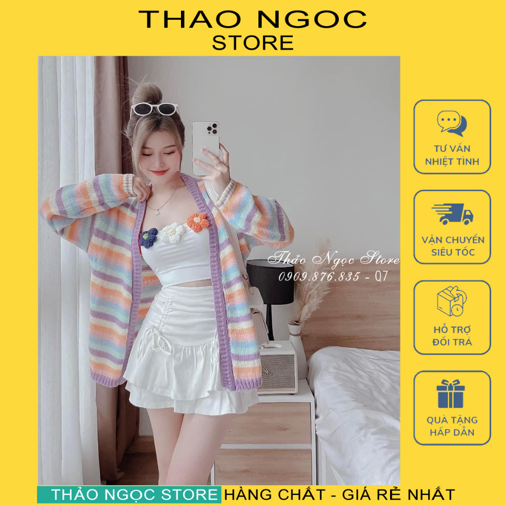 Áo khoác len cardigan nữ form rộng sọc màu, áo khoác ngoài hàng nhập QC. (có sẵn, hình thật) THẢO NGỌC STORE