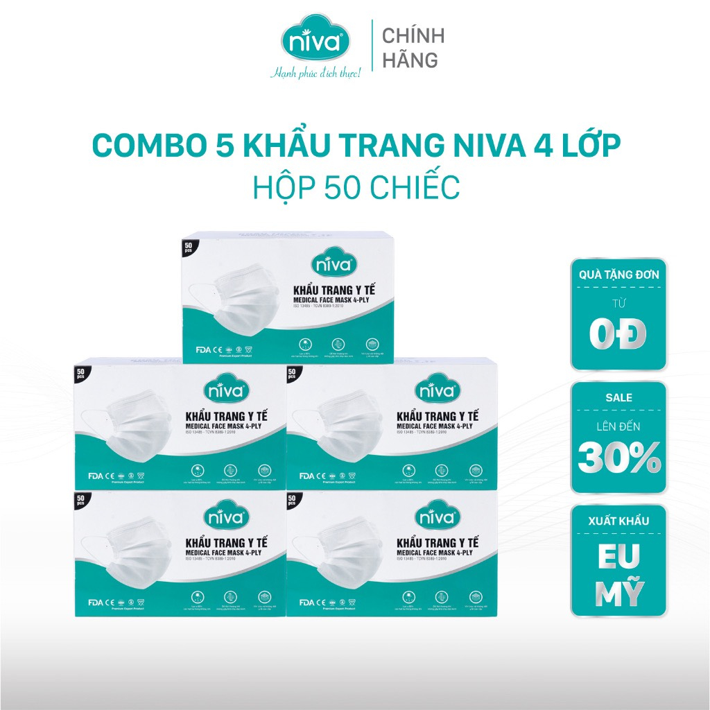 COMBO 5 khẩu Trang Y Tế 4 Lớp NIVA Hộp 50 Cái Kháng Khuẩn, Ngăn Khói Bụi, Vi Khuẩn Hàng Chính Hãng Cao Cấp