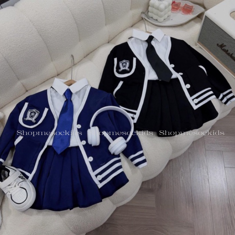 Bộ bé gái,Sét 4ct áo cadigan - sơ mi -chân váy kèm cà vạt cho bé 10 đến 35kg B0237