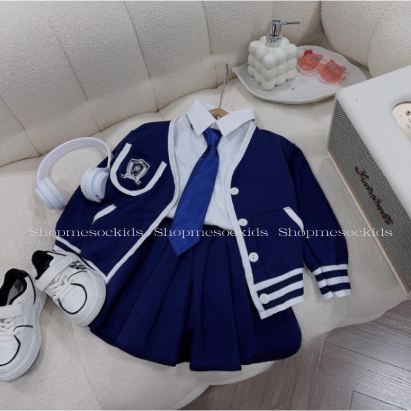 Bộ bé gái,Sét 4ct áo cadigan - sơ mi -chân váy kèm cà vạt cho bé 10 đến 35kg B0237