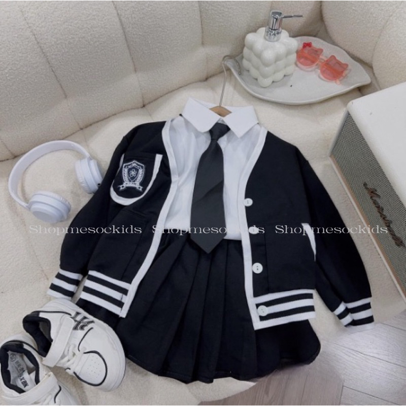 Bộ bé gái,Sét 4ct áo cadigan - sơ mi -chân váy kèm cà vạt cho bé 10 đến 35kg B0237