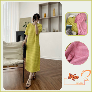Đầm thun suông dáng dài Vàng chanh M81 MIN Design, thiết kế xẻ gấu cực sang, chất cotton xốp mặt trong siêu mềm mịn