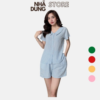 A42 BỘ MẶC NHÀ QUẦN NGẮN VẢI KATE IN CARO MẶC NHÀ THOẢI MÁI FORM RỘNG 65KG NHÃ DUNG STORE