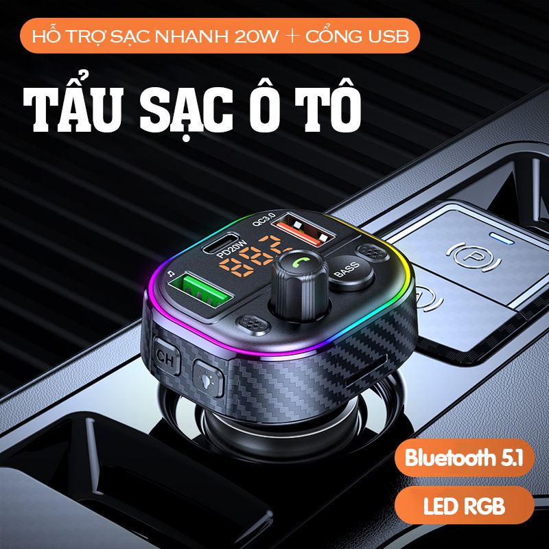 Tẩu sạc ô tô thu bluetooth Máy phát FM bầu không khí đầy màu sắc ánh sáng - D1624