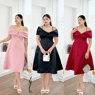 OOTD BIGSIZE | Đầm tafta đi tiệc dáng midi nơ ngực trễ vai