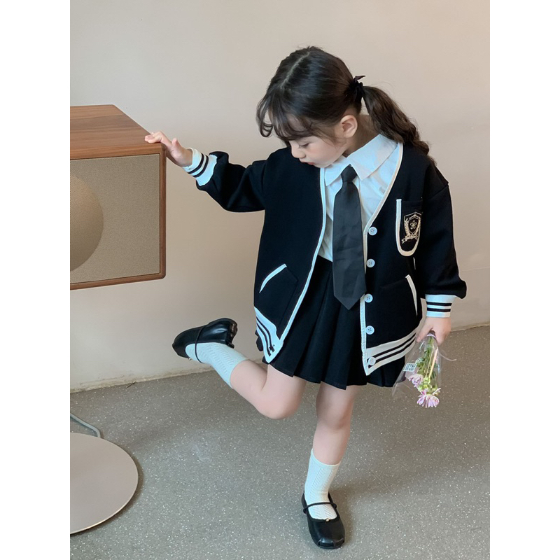 Bộ bé gái,Sét 4ct áo cadigan - sơ mi -chân váy kèm cà vạt cho bé 10 đến 35kg B0237