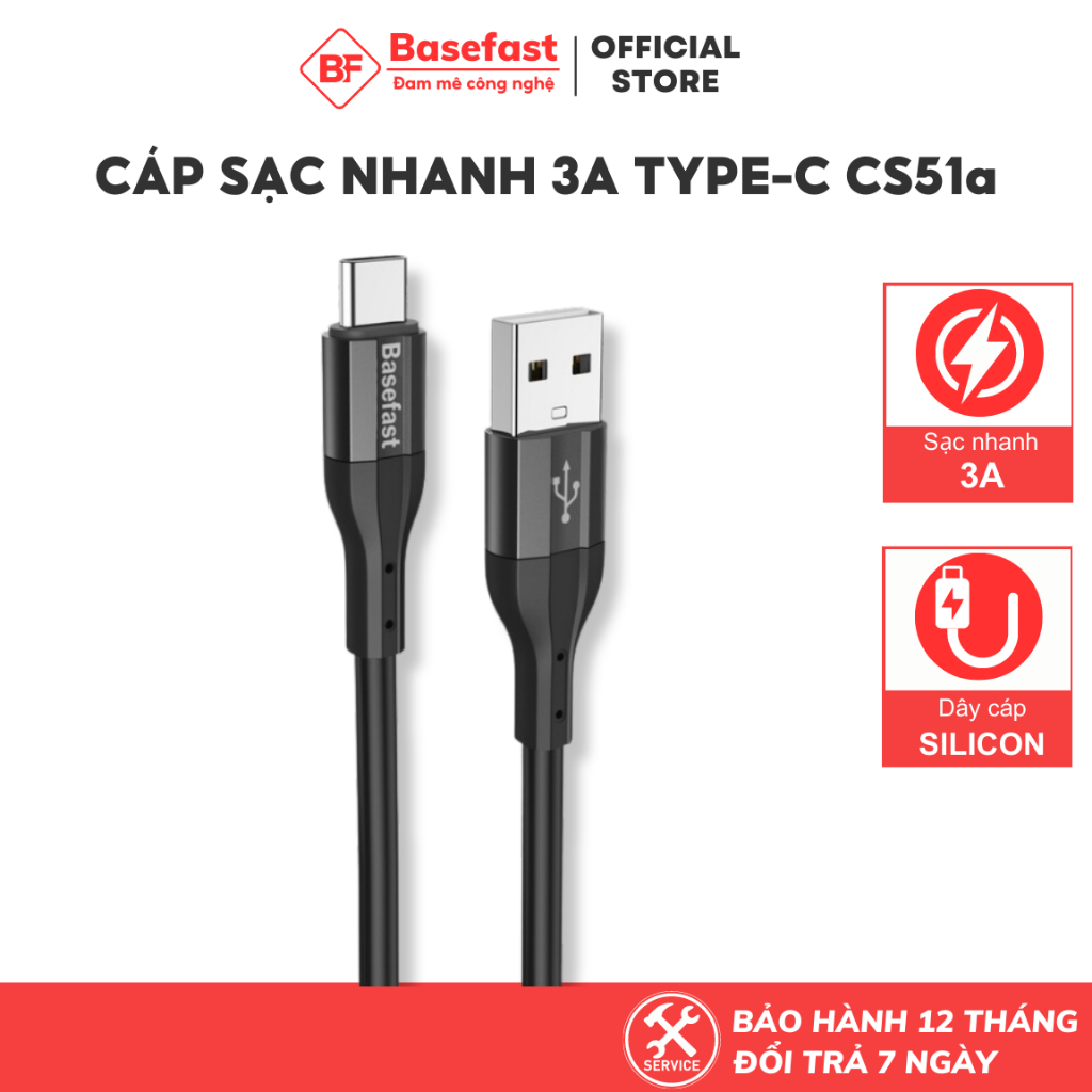 Cáp Sạc Nhanh TypeC Cao Cấp Basefast CS51A - Dây Sạc Nhanh 3A Silicon Chống Quá Tải Nhiệt