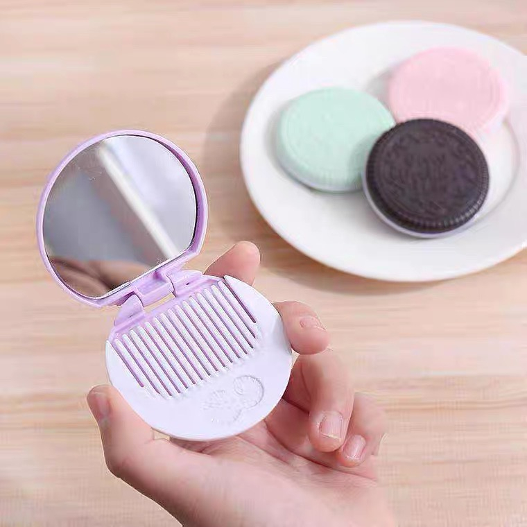 Gương trang điểm Bánh Quy Dễ Thương nắp gập kèm lược Nhiều Màu Sắc Pastel