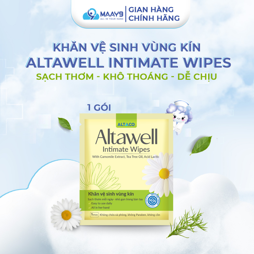 Khăn vệ sinh vùng kín Altawell intimate wipes làm sạch vùng kín, ngăn mùi hôi, giảm ngứa rát cân bằng pH 1 gói