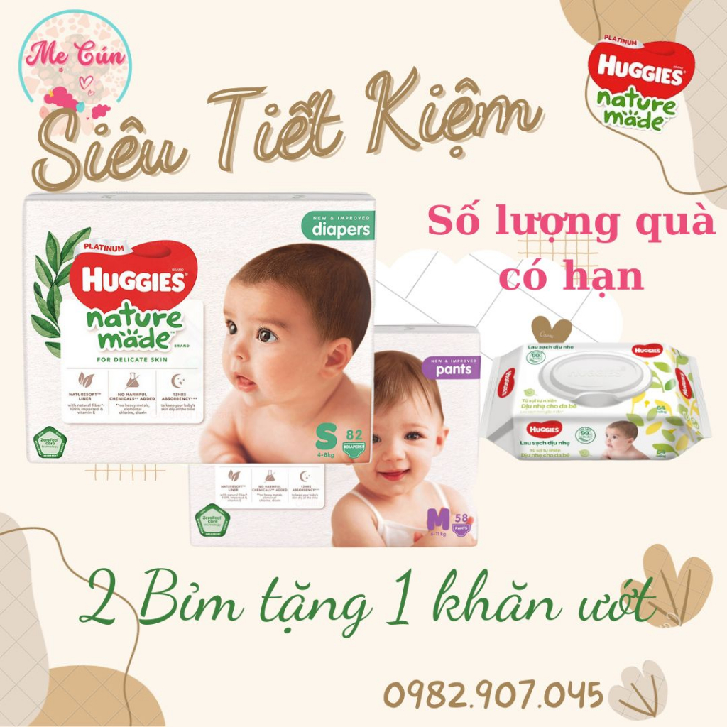 (Nhập mã SMKB2510) Combo 2 bịch tã Huggies Nature Made và 1 khăn ướt Huggies 64 tờ