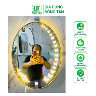 Gương led elip treo tường đông tân, gương trang trí, gương treo bàn trang điểm, nút cảm ứng 3 màu, không cần lắp đặt