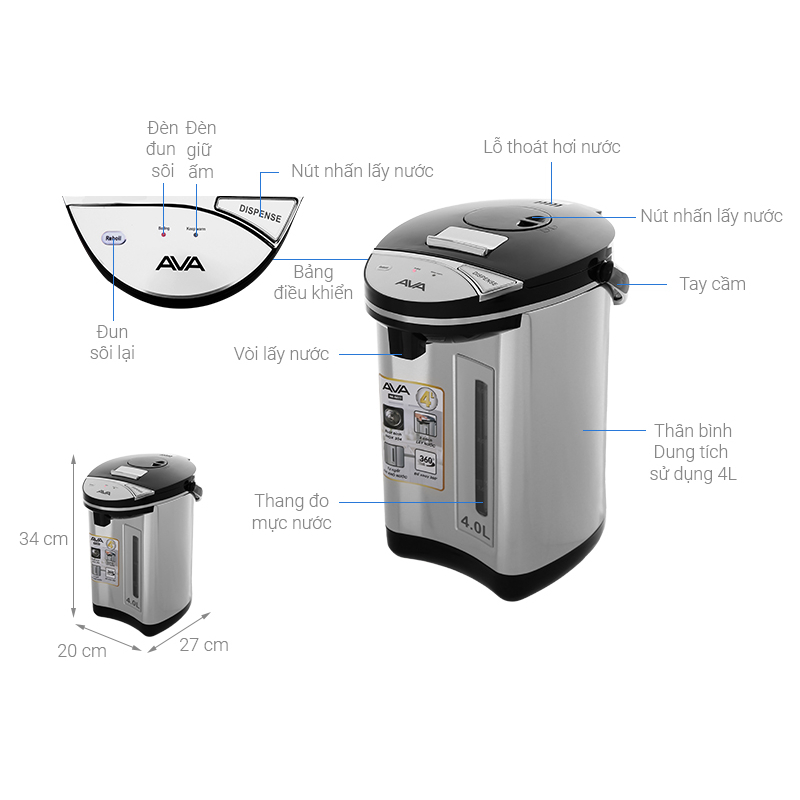 Bình thủy điện AVA NK-A611 4 lít  BẢO HÀNH CHÍNH HÃNG 12 THÁNG
