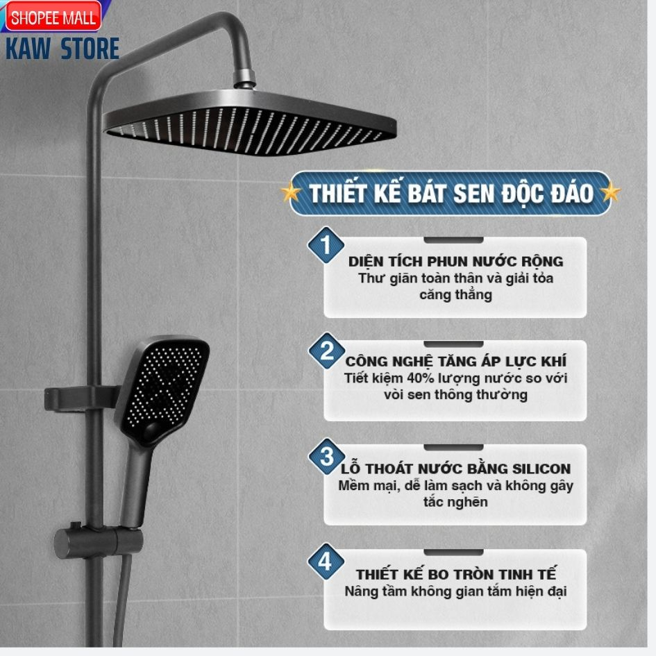 Bộ sen cây tắm đứng 4 nút bấm KAW , hiển thị nhiệt độ qua màn hình LED - Bảo hành chính hãng chính hãng