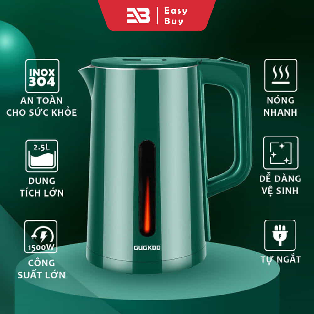 Ấm Siêu Tốc 2 Lớp GK, Ấm Đun Nước Siêu Tốc Công Suất Lớn 1500W Dung Tích 2.5L..