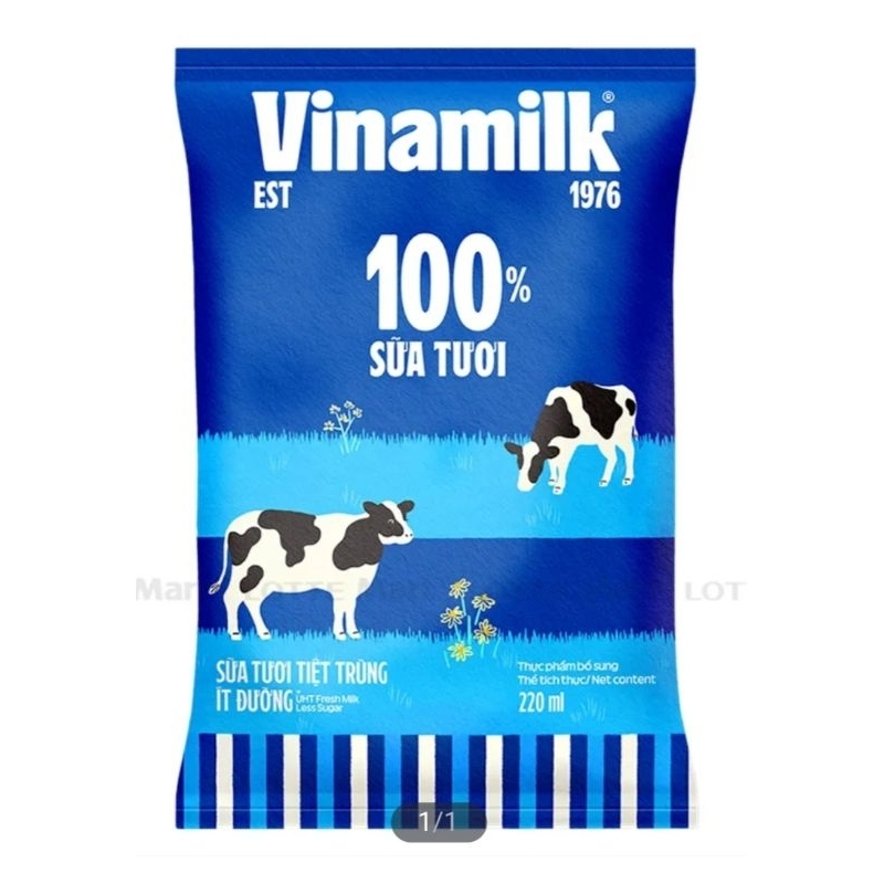 Sữa Tươi Tiệt Trùng Ít Đường Vinamilk 100% Bịch 220ml