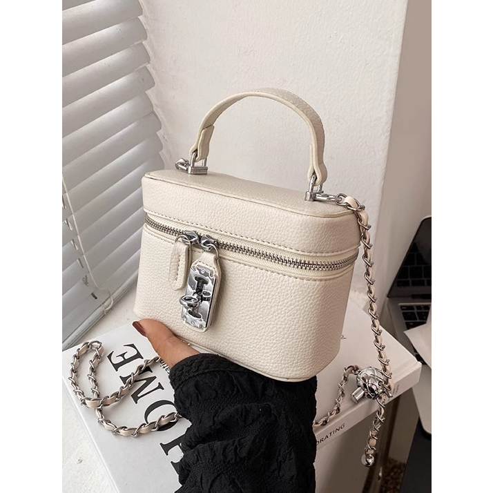 Túi xách nữ hộp trụ hình chữ nhật 2 khóa YIMI kèm dây chéo 2 màu trắng và đen