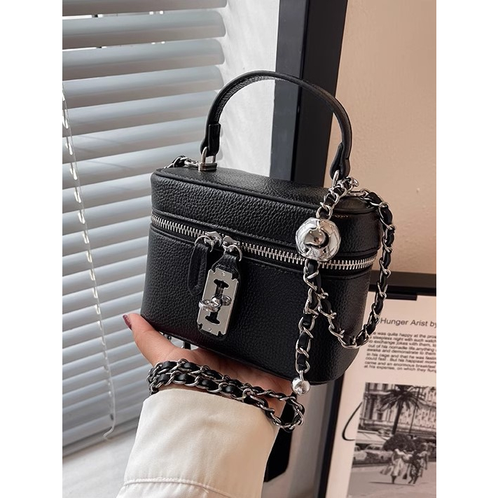 Túi xách nữ hộp trụ hình chữ nhật 2 khóa YIMI kèm dây chéo 2 màu trắng và đen