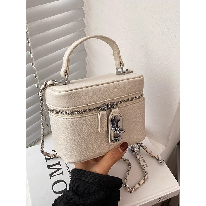 Túi xách nữ hộp trụ hình chữ nhật 2 khóa YIMI kèm dây chéo 2 màu trắng và đen