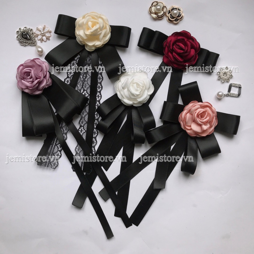 Tag Nơ Cài Áo Ruy Băng Lụa Phối Hoa Hồng Nhiều Màu