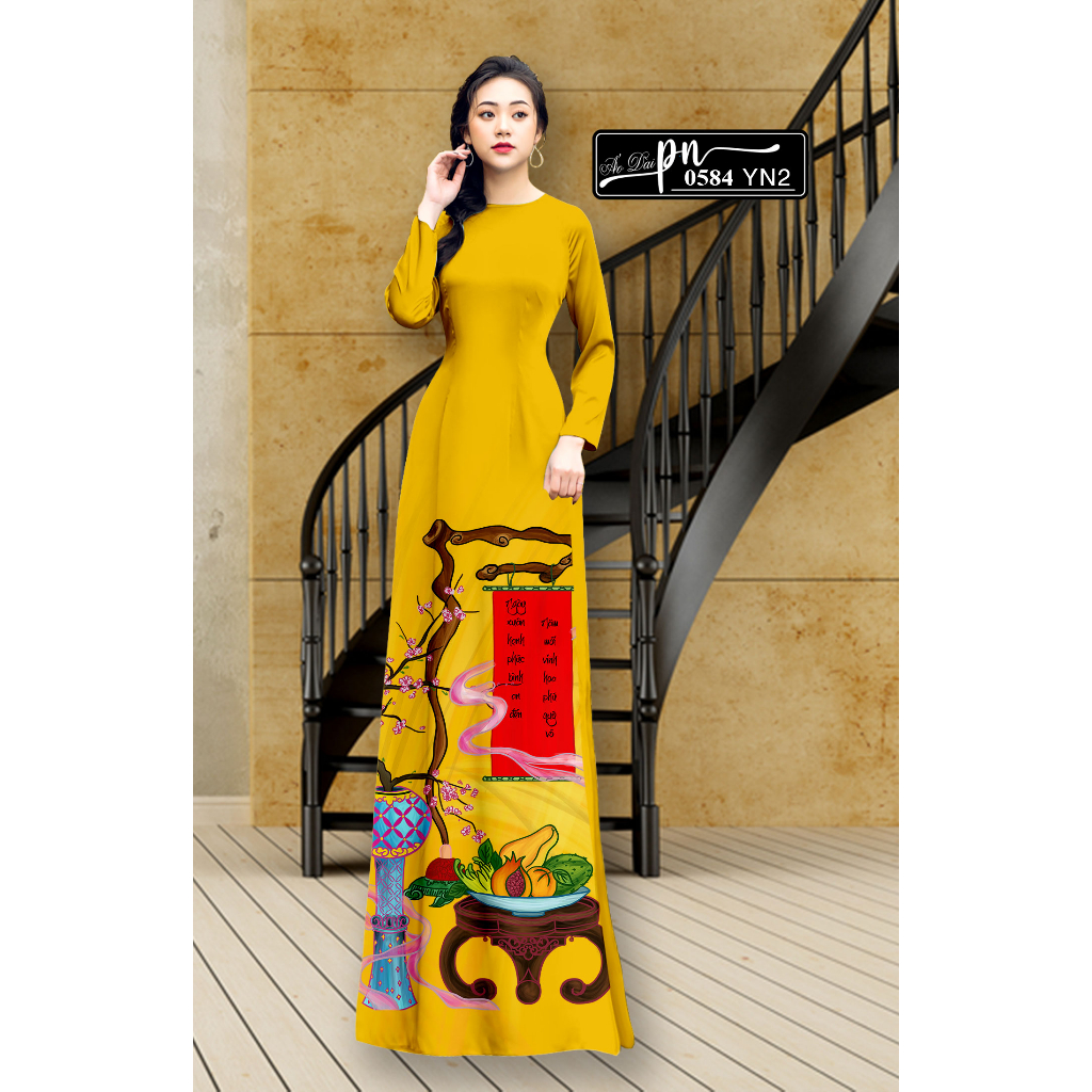Pn0584 - vải may áo dài - đầm váy họa tiết Tết được thiết kế độc quyền in 3D sắc nét trên nền vải lụa của Phương Nam