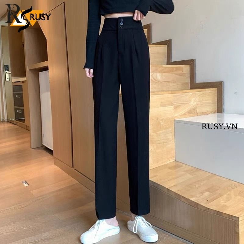 Quần tây nữ cạp có đai lưng cao màu đen dáng dài , Quần vải công sở Vitex dày dặn phối áo sơ mi đi học làm RUSY
