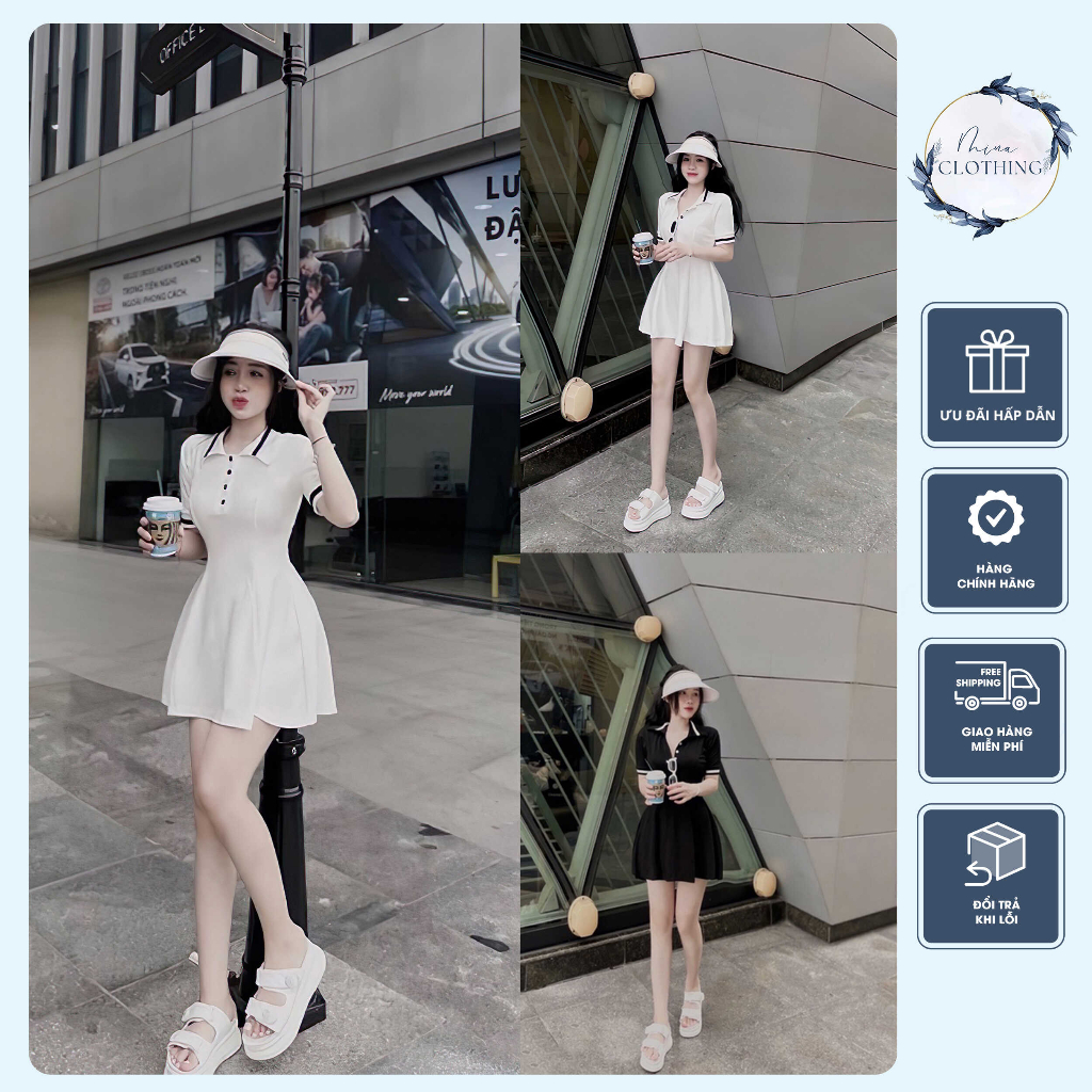Đầm Xoè Cổ Trụ Thun Gân , 2 màu Đen Trắng siêu xinh