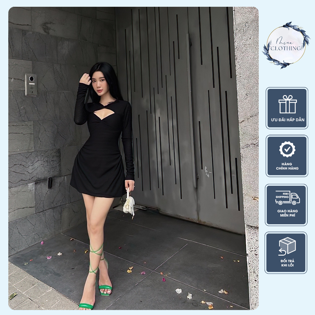 Đầm body nữ tay dài xẻ ngực nhún sườn chất thun xốp Quảng Châu đẹp dáng ngắn