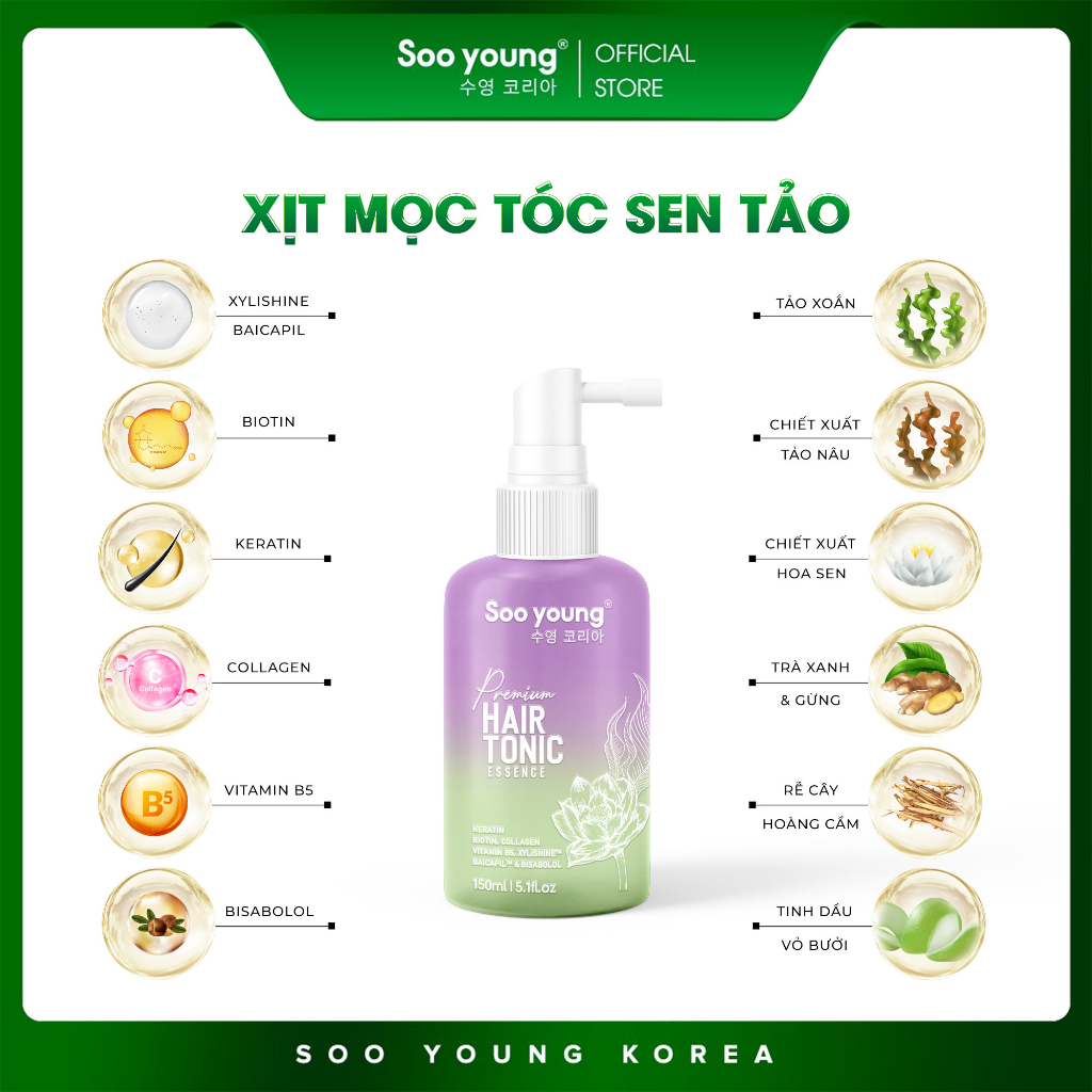 Combo dầu gội, nạ tóc, xịt mọc tóc Sen Tảo SOOYOUNG (350ml, 250ml, 150ml)