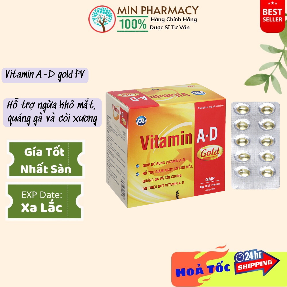 Vitamin A-D Gold PV Dược Phúc Vinh Hỗ trợ giảm khô mắt (hộp 100 viên) - Minpharmacy