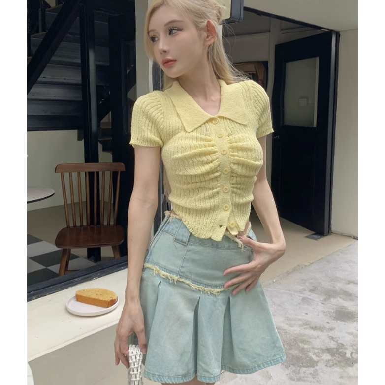 Áo cardigan dệt kim tay ngắn gài nút màu pastel kẹo ngọt hồng, vàng