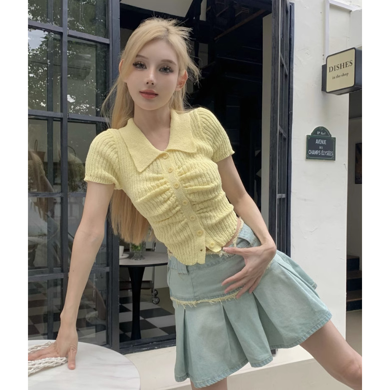 Áo cardigan dệt kim tay ngắn gài nút màu pastel kẹo ngọt hồng, vàng