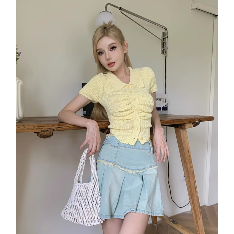 Áo cardigan dệt kim tay ngắn gài nút màu pastel kẹo ngọt hồng, vàng