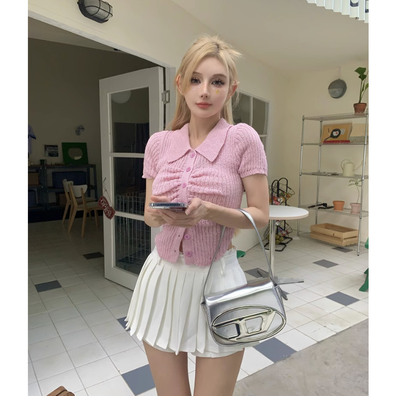 Áo cardigan dệt kim tay ngắn gài nút màu pastel kẹo ngọt hồng, vàng