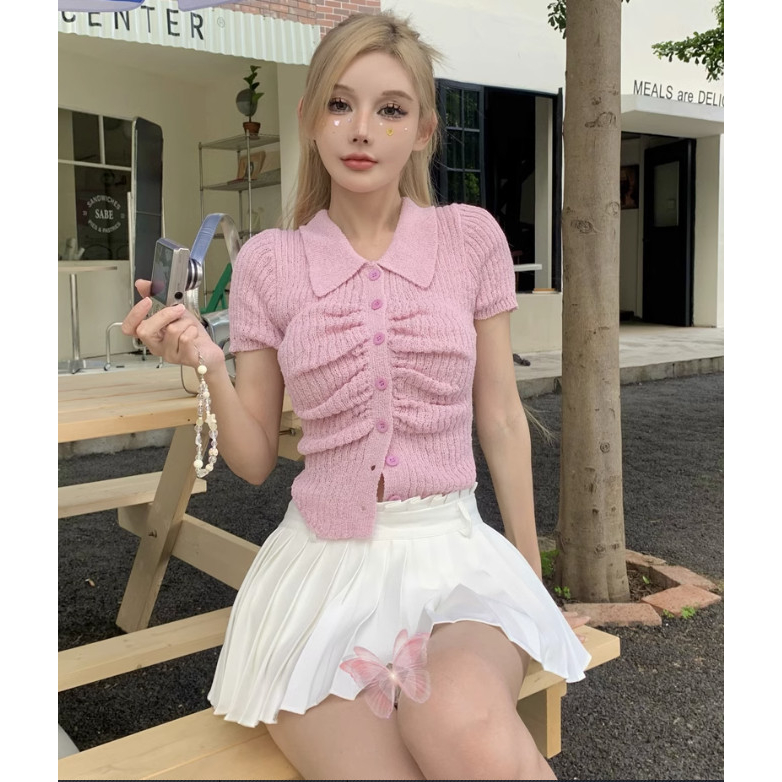 Áo cardigan dệt kim tay ngắn gài nút màu pastel kẹo ngọt hồng, vàng