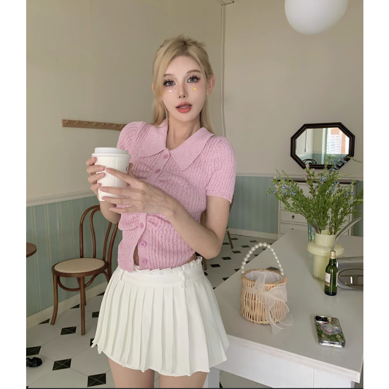 Áo cardigan dệt kim tay ngắn gài nút màu pastel kẹo ngọt hồng, vàng