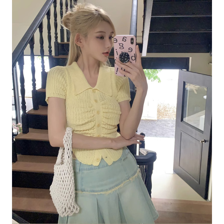 Áo cardigan dệt kim tay ngắn gài nút màu pastel kẹo ngọt hồng, vàng