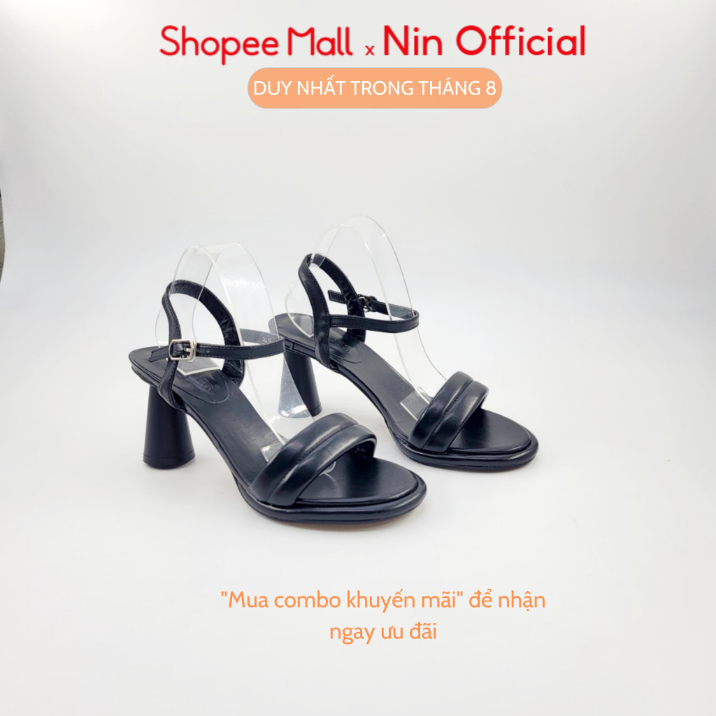 Sandal nữ Ninshoes cao gót 6 cm trụ mũi tròn vát đúp trước tag quai hai viền khuy cài hông