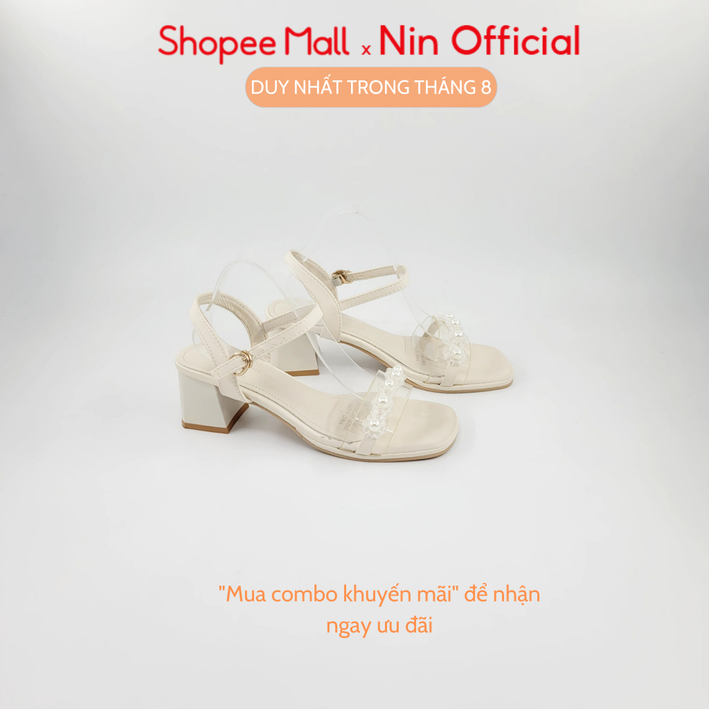 Sandal đế vuông 5 cm Ninshoes mũi vuông quai trong viền ngọc khóa cài hông