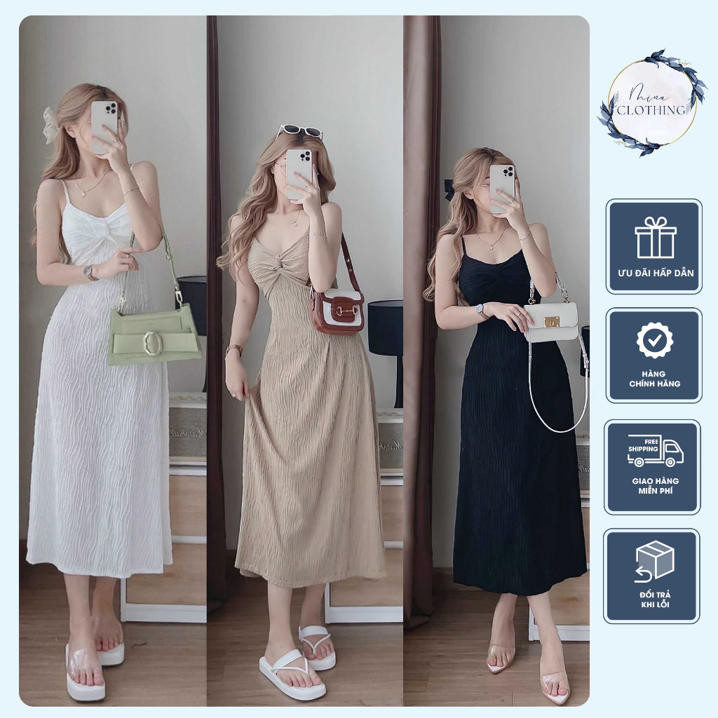 Váy ôm body 2 dây dáng dài xoắn ngực chất thun gợn sóng siêu xinh