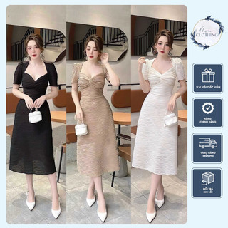 [ Freesize 40-55kg] Váy Ôm Body Cộc Tay Xoắn Ngực 3 Màu, Chất Thun Gợn sóng Quảng Châu