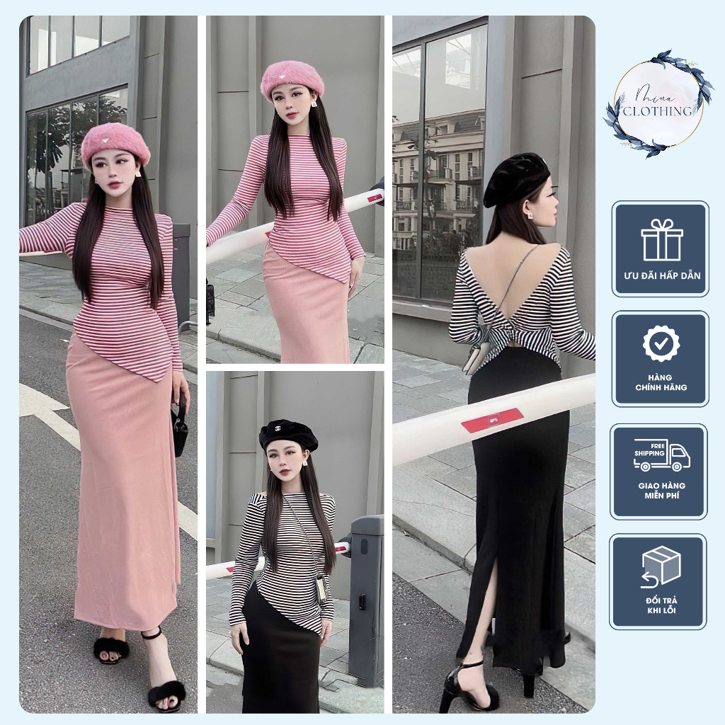 Set Đầm Body Hở Lưng Đuôi Cá, chất thun gân co giãn thoải mái
