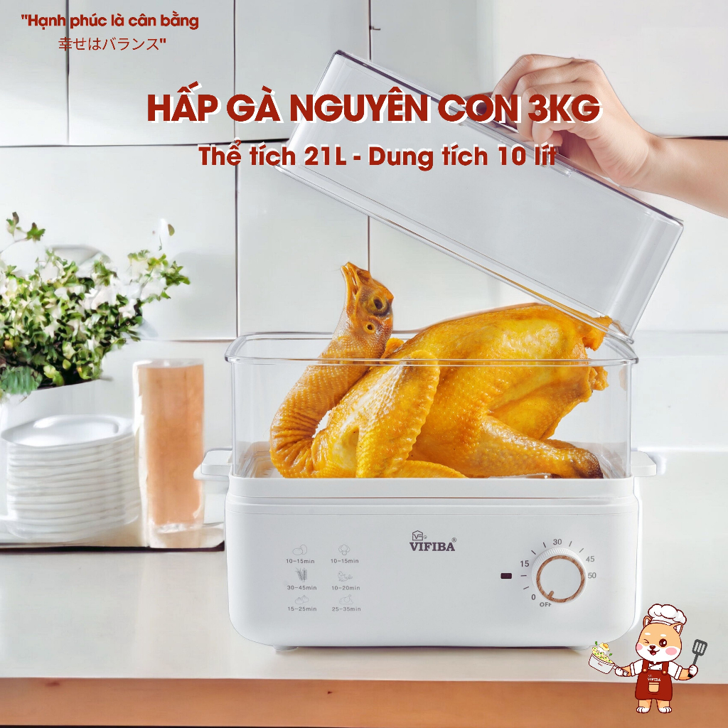 Nồi Hấp Điện 2 Tầng VIFIBA, Thể Tích 21L Dung Tích 10L - Hấp Gà nguyên con, Công Suất 800W, Chức Năng Hẹn Giờ Thông Minh