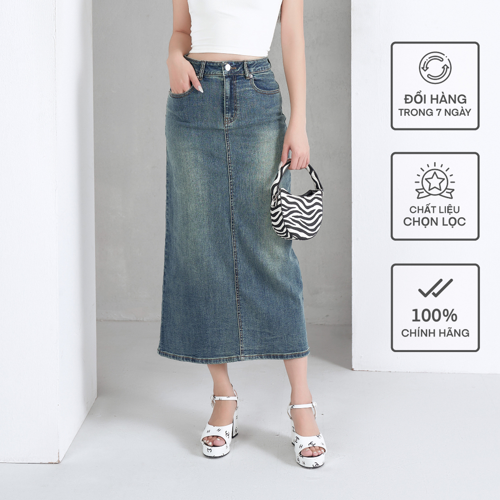 Chân Váy Denim Nữ Dài BUSY Jeans Mềm Co Giãn Xẻ Sau CVJD